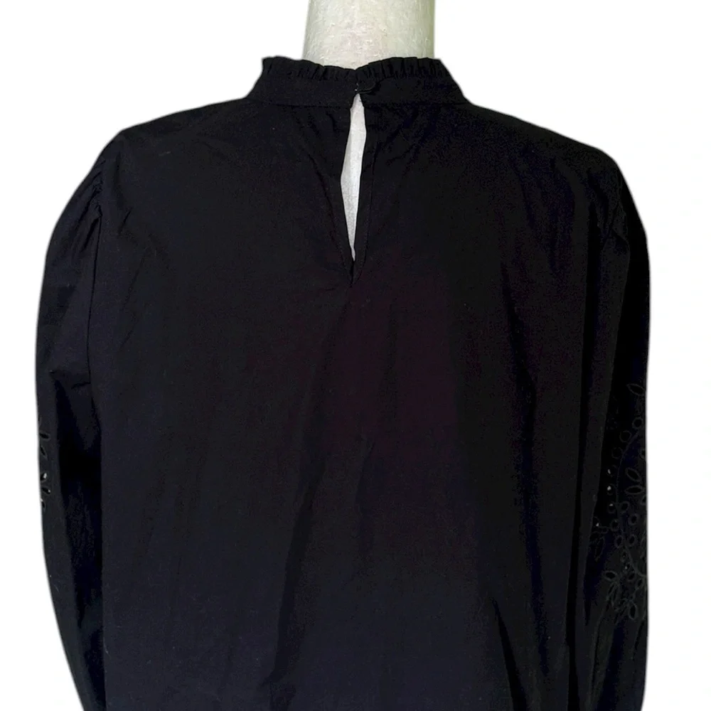J. Crew Black Embroidered Eyelet Cotton Poplin Ruffle Mockneck Blouse - M
